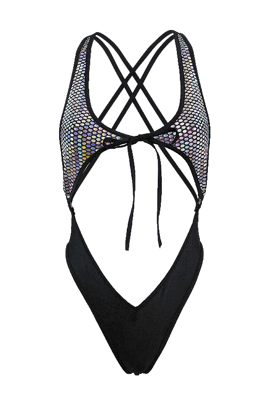 Compression Bodysuits for Post - Workout RecoveryTie front Holographic Bodysuit / SPICA PRISMA BODYSUIT