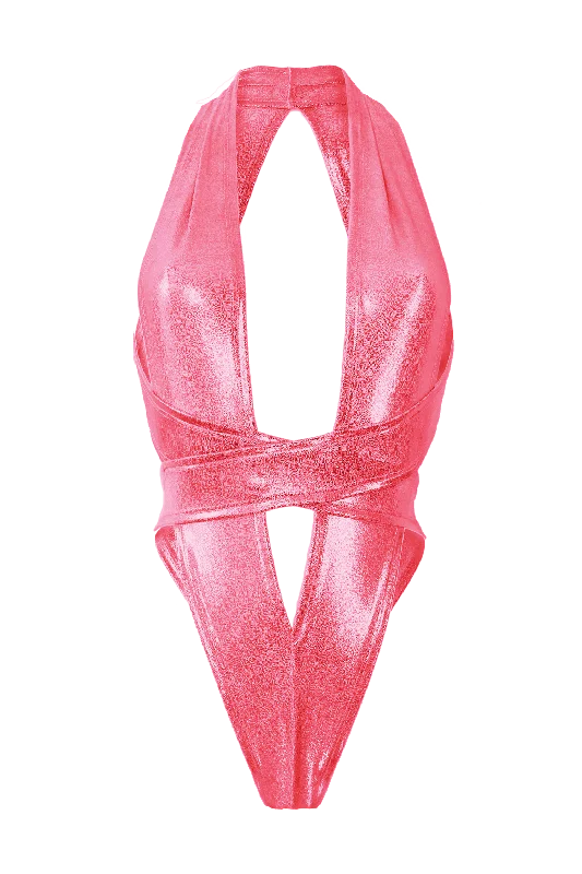 Cut - Out Bodysuits for a Trendy and Fashion - Forward StyleCRISS CROSS Hologram Bondage Bodysuit / RAVE Bodysuit / NEON CORAL