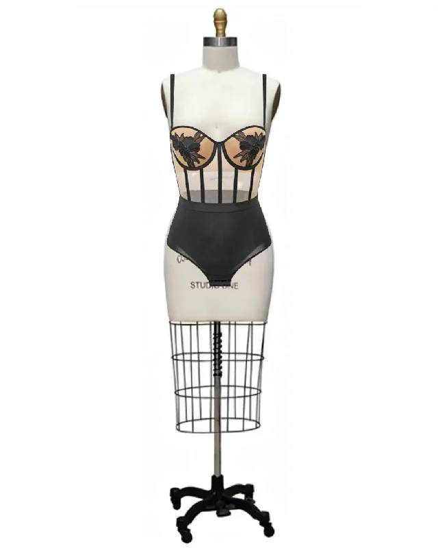 Mesh Bodysuits for a Bold and Edgy Fashion StatementIris- the Flower Applique Lingerie Bodysuit or Bra and Panty Set 2 Colors