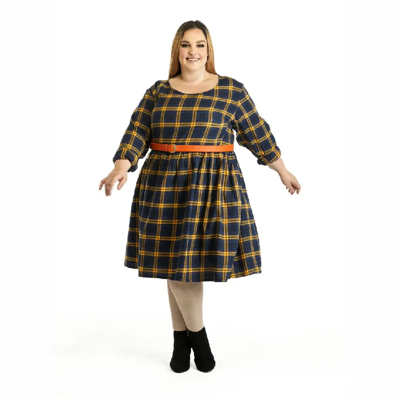 Plus size shirred - bodice dress for extra comfortWinter Sally Plus Size Dress with Pockets | Blue & Yellow Tartan Flannelette