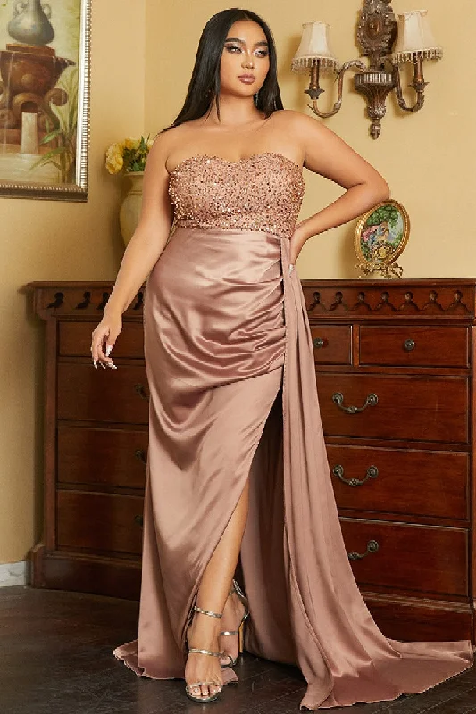 Plus size shirred - bodice dress for extra comfortA-Line Sweep-Brush Train Elastic Silk like Satin dress 702991065831