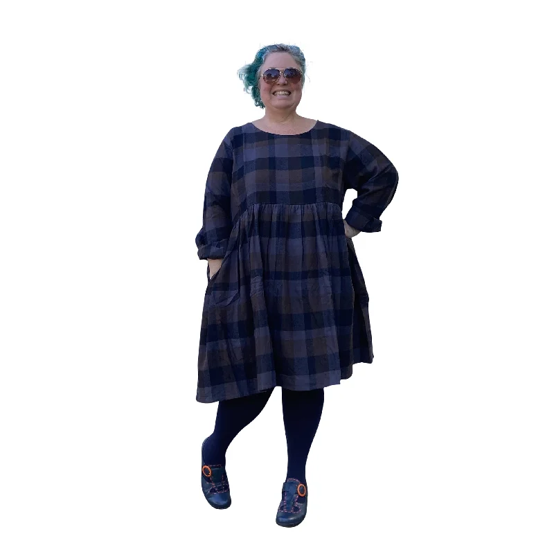 Plus size tiered ruffle dress for a feminine and playful vibeWinter Sally Plus Size Dress with Pockets | Brown & Grey Tartan Flannelette