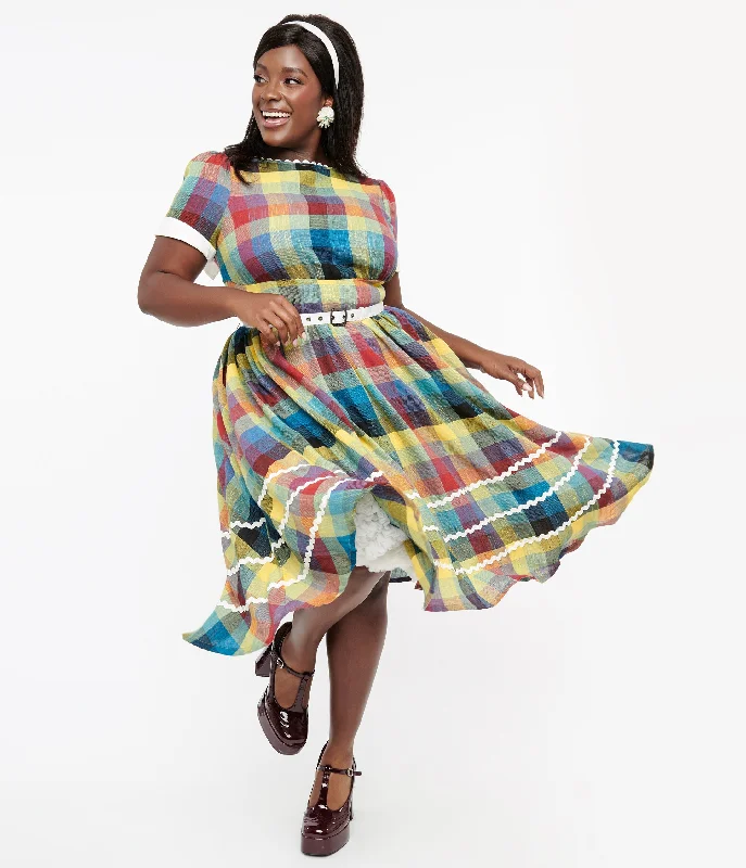 Plus size halter - neck beach dress for a breezy vacationUnique Vintage Plus Size 1950s Multicolor Plaid Cotton Swing Dress