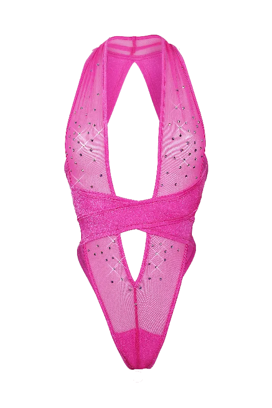 Seamless Bodysuits for a Smooth Underwear LookCRISS CROSS Mesh Crystals Bodysuit / Sexy lingerie / NEON PINK