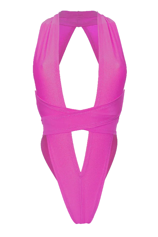 Neon Bodysuits to Stand Out at PartiesCRISS CROSS Bondage High-Cut Bodysuit / Festival Bodysuit / NEON PINK)