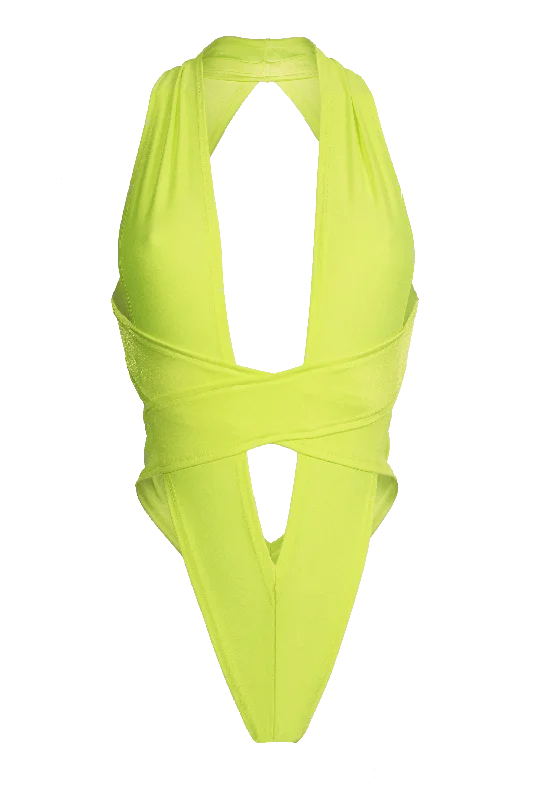 Organic Cotton Bodysuits for an Eco - Friendly and Comfortable OptionCRISS CROSS Bondage High-Cut Bodysuit / Festival Bodysuit /NEON YELLOW