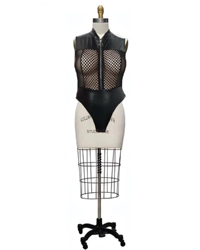 Maternity Bodysuits for Expecting Mothers' ComfortO-Ring- the Mesh Paneled Faux Leather Zip Front Bodysuit Plus Sizes