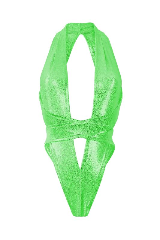 High - Neck Bodysuits for a Modest and Sophisticated LookCRISS CROSS Hologram Bondage Bodysuit / RAVE Bodysuit / NEON LIME