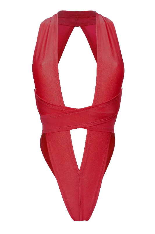 Plus - Size Bodysuits with a Comfortable and Flattering FitCRISS CROSS Bondage High-Cut Bodysuit / Festival Bodysuit / RED