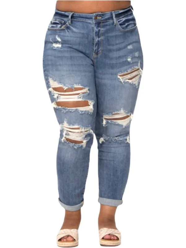 Midrise Distressed Jeans In Washed Denim