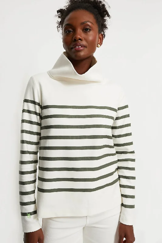 Cable - Knit Women Sweater with Intricate PatternsArmy Green Stripe Greenpoint Turtleneck