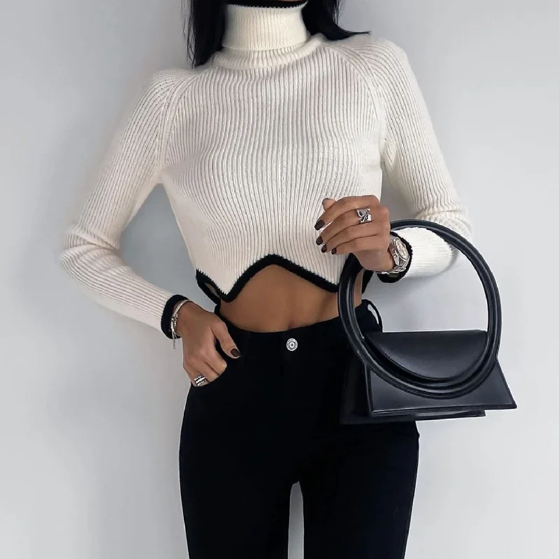 Lightweight Women Sweater for Spring and FallAsymmetric White Contrast Trim Turtleneck Rib Knit Cropped Sweater