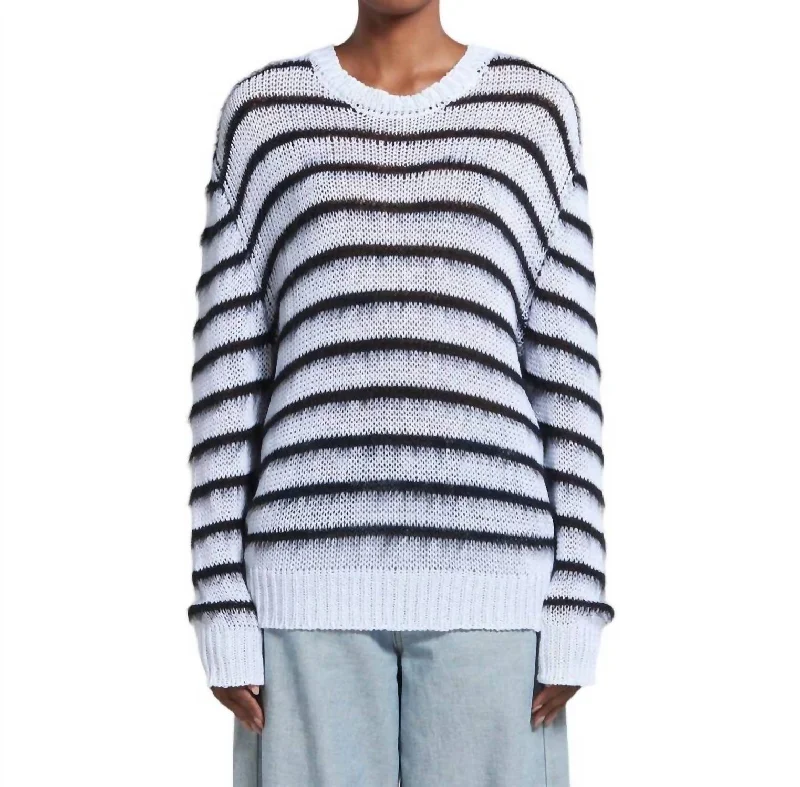 Long - Sleeve Women Sweater with Ribbed CuffsBrushed Stripe Crewneck Sweater In Lily White