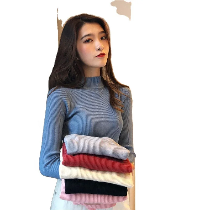 Mock - Neck Women Sweater for a Modern TwistCandy Colored High-Neck Bottoming Shirt Women's Autumn And Winter New Style Thin Tight-Fitting Blouse Long-Sleeved Sweater