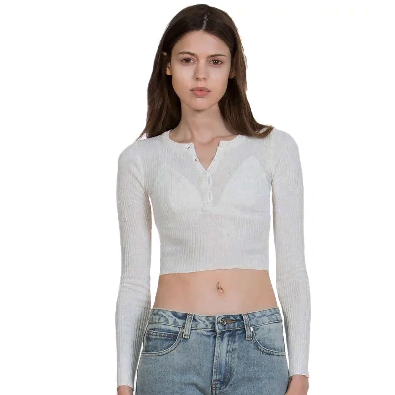 Cashmere Women Sweater with a Luxurious Soft TouchChic Crew Neck Half Button Long Sleeve White Fitted Rib Knit Cropped Top