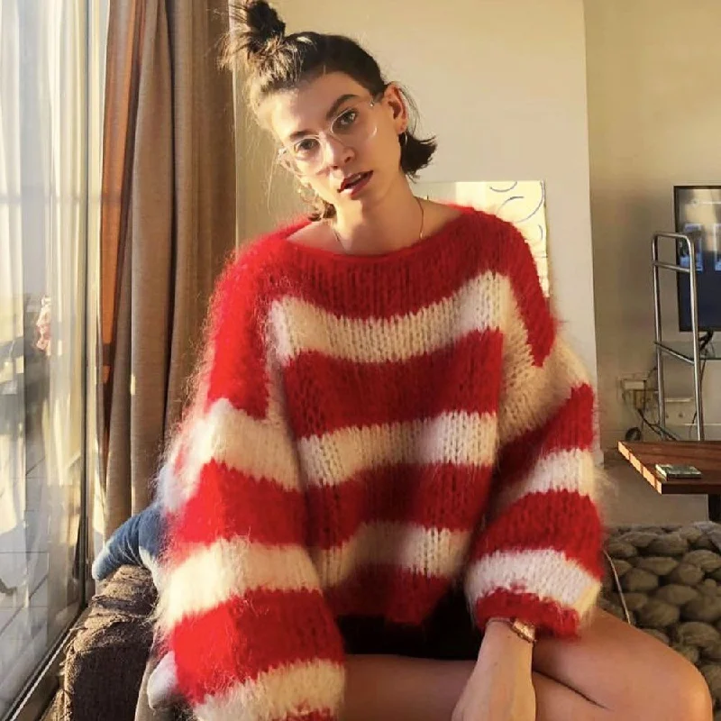 Color - Blocked Women Sweater for a Bold Fashion StatementChunky Hand Knit Stripe Boat Neck Puff Sleeve Red and White Striped Sweater