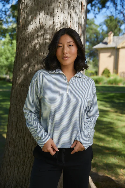 Hand - Knitted Women Sweater with Artisanal CharmClaire Blue Striped Half Zip Sweater