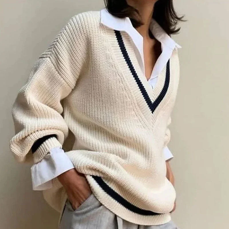 Hand - Knitted Women Sweater with Artisanal CharmCollege Striped V Neck Long Sleeve Oversized Knit Sweater