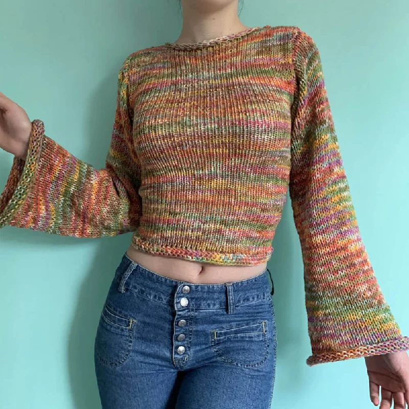 Cropped Women Sweater to Pair with High - Waisted BottomsColorful Crew Neck Bell Sleeve Roll Trim Space Dye Knit Cropped Sweater