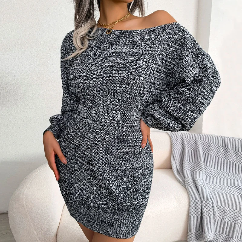 Cable - Knit Women Sweater with Intricate PatternsComfy Boat Neck Bishop Sleeve Marl Knit Mini Sweater Dress