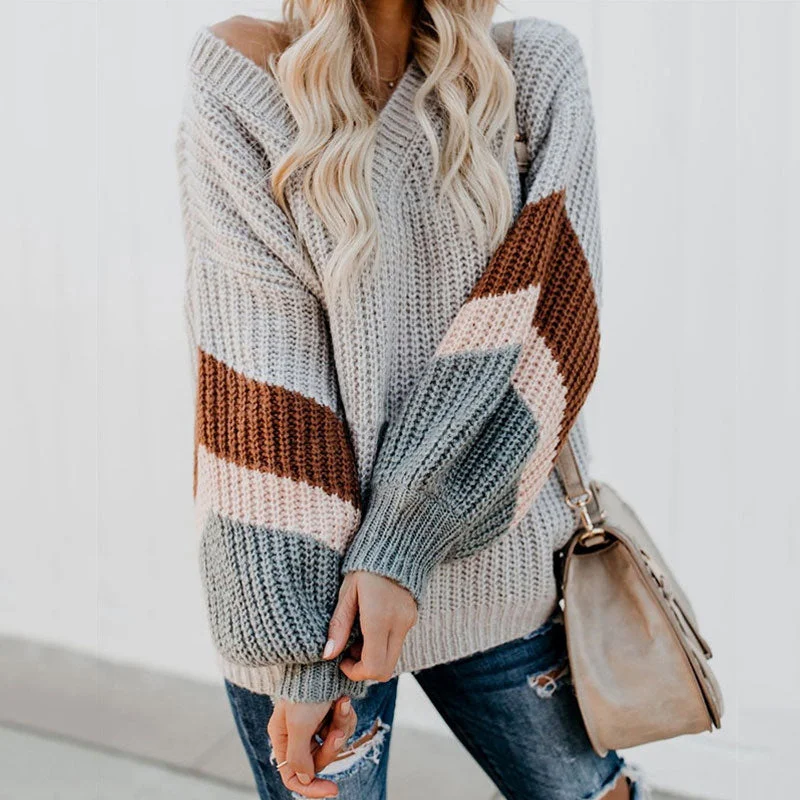 Cable - Knit Women Sweater with Intricate PatternsContrast Grey Striped Sleeve V Neck Brioche Rib Knit Oversized Sweater