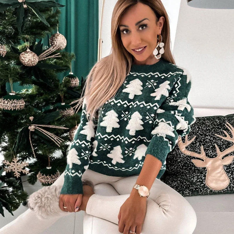 Cropped Women Sweater to Pair with High - Waisted BottomsCute Fluffy Christmas Tree Pattern High Neck Holiday Sweater