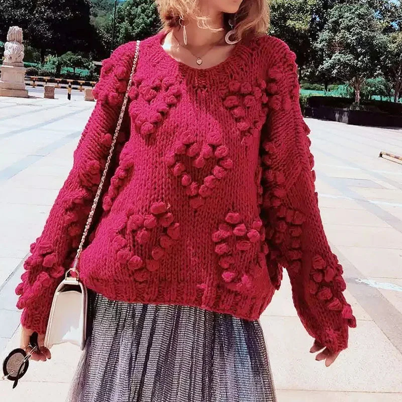 Color - Blocked Women Sweater for a Bold Fashion StatementCute Heart Shaped Popcorn Knit Crew Neck Handmade Chunky Sweater