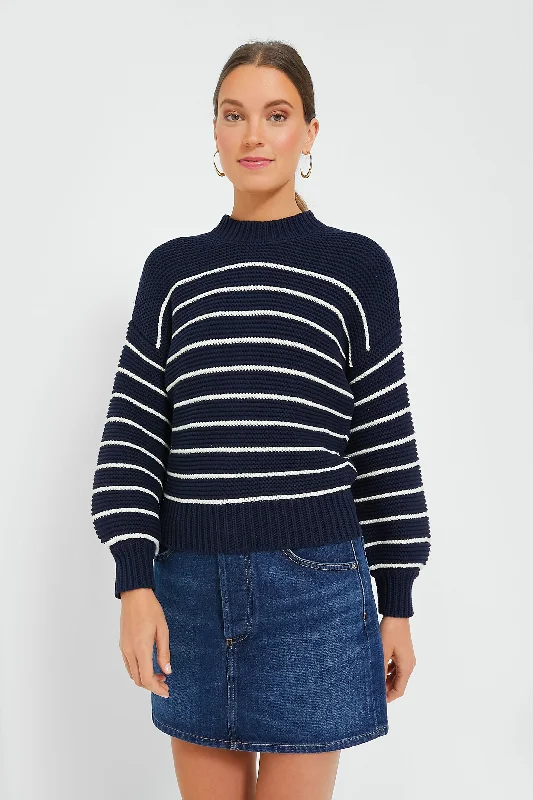 Cable - Knit Women Sweater with Intricate PatternsDark Navy and Ivory Stripe Button Back Crewneck Sweater