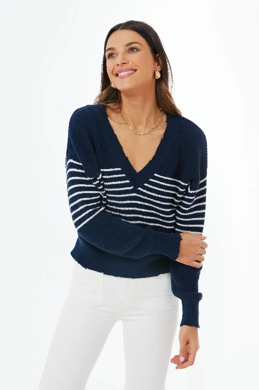 Chunky Knit Women Sweater for Winter WarmthDark Navy Stripe Lea Cotton Pullover