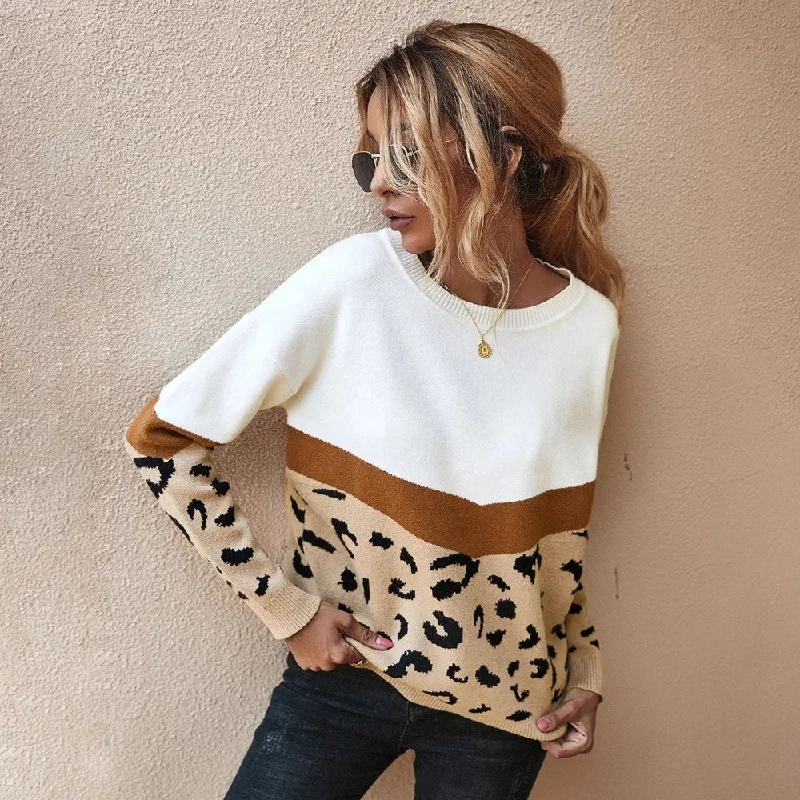 Mock - Neck Women Sweater for a Modern TwistFashion Leopard Patchwork Autumn Winter 2022 Ladies Knitted Sweater Women O-Neck Full Sleeve Jumper Pullovers Top Khaki Brown