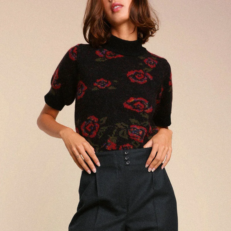 Cashmere Women Sweater with a Luxurious Soft TouchFeminine Floral Jacquard Knit High Neck Short Sleeve Black Cropped Sweater