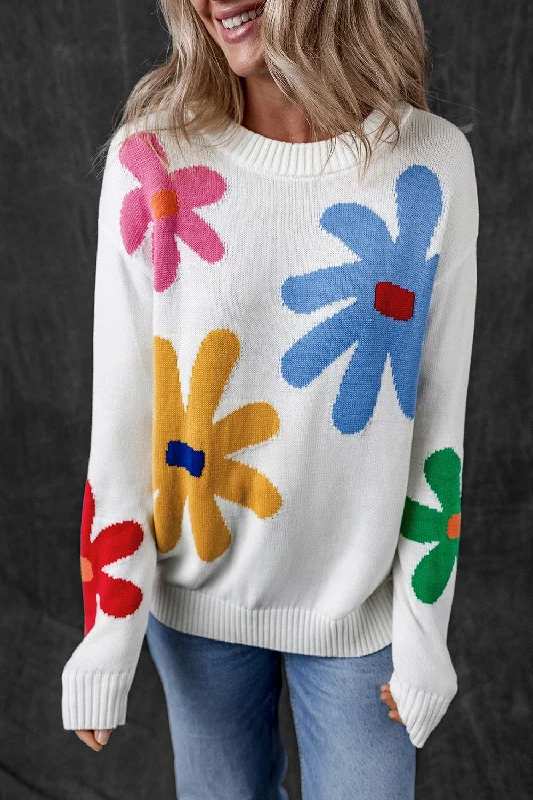 Striped Women Sweater with a Timeless PatternFlower Round Neck Dropped Shoulder Sweater