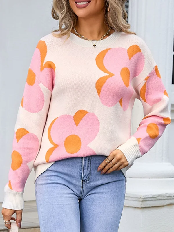 Cashmere Women Sweater with a Luxurious Soft TouchFlower Round Neck Long Sleeve Sweater