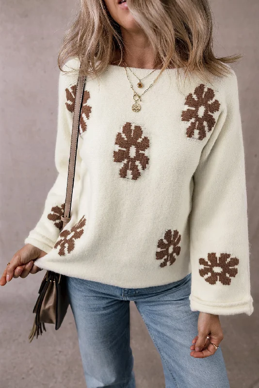 Floral Print Women Sweater for a Feminine AppealFlower Round Neck Long Sleeve Sweater