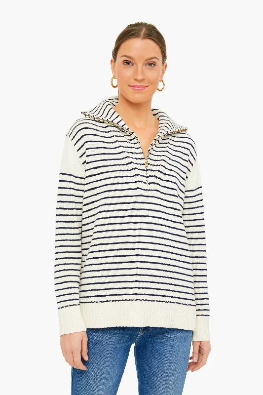 Cropped Women Sweater to Pair with High - Waisted BottomsIvory and Navy Stripe Hartwell Quarter Zip