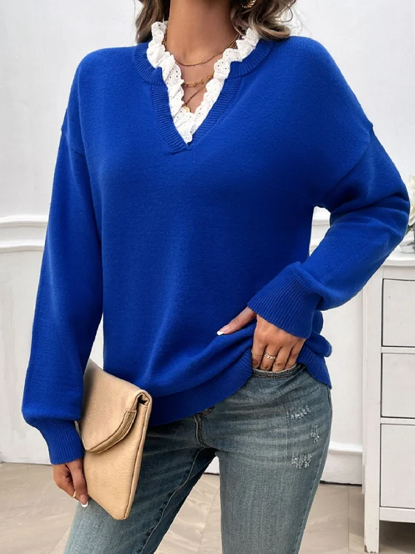 Plus - Size Women Sweater with a Flattering FitLace Detail Notched Long Sleeve Sweater