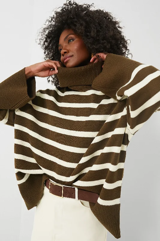 Turtleneck Women Sweater for a Classic and Elegant StyleMilitary Olive and Ecru Striped Turtleneck Sweater