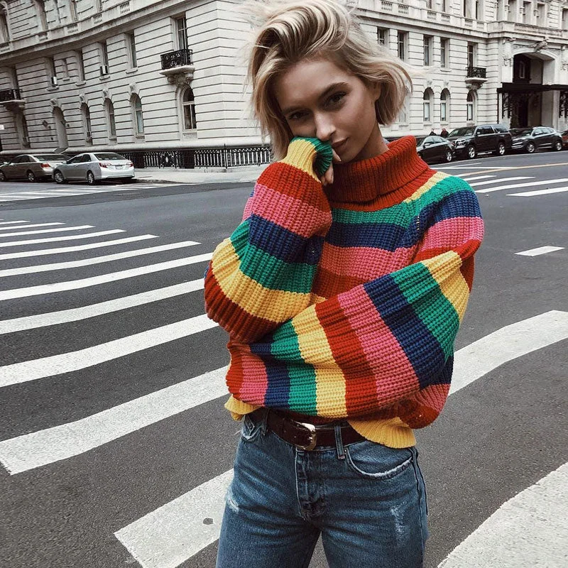 Chunky Knit Women Sweater for Winter WarmthOversized Multicolor Turtleneck Bishop Sleeve Rainbow Striped Knit Sweater