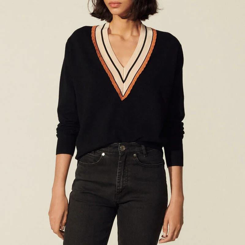 Open - Front Women Sweater for Easy LayeringPreppy Style Contrast Striped V Neck Long Sleeve Black Sweater