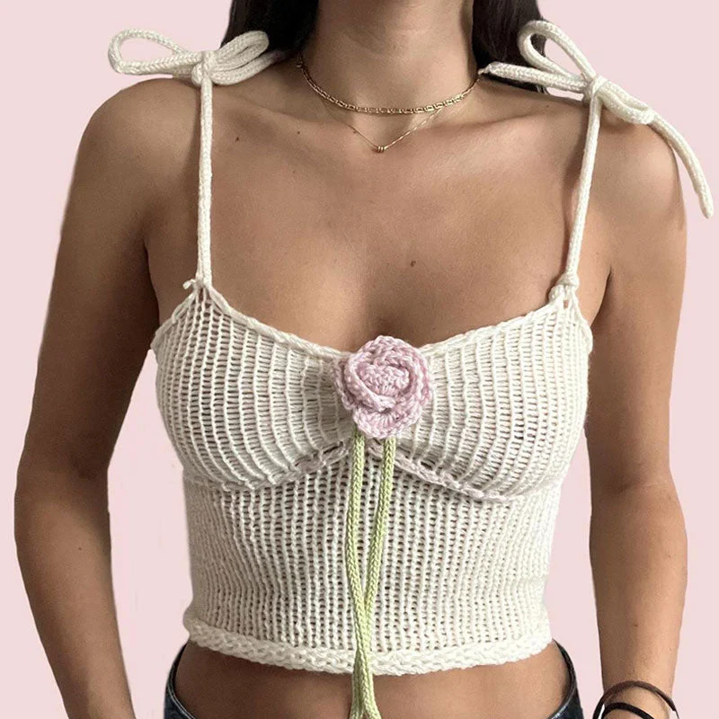 Cable - Knit Women Sweater with Intricate PatternsPretty 3D Rosette Tie Strap Cutout Back Roll Trim Cropped Knit Tank Top