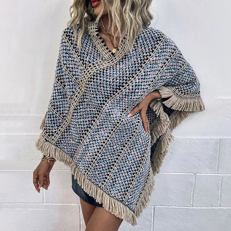 Chunky Knit Women Sweater for Winter WarmthRetro Blue Diagonal Striped Pattern Fringe Trim Boucle Knit Poncho Sweater