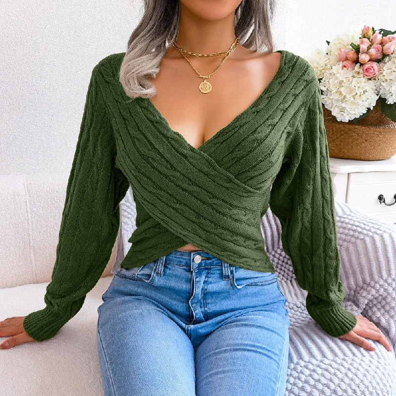 Open - Front Women Sweater for Easy LayeringSexy Crossover Wrap Effect V Neck Cable Knit Cropped Sweater