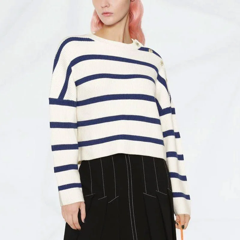 Organic Cotton Women Sweater for an Eco - Friendly ChoiceSilver Tone Buttoned Detail Crew Neck Blue and White Striped Sweater