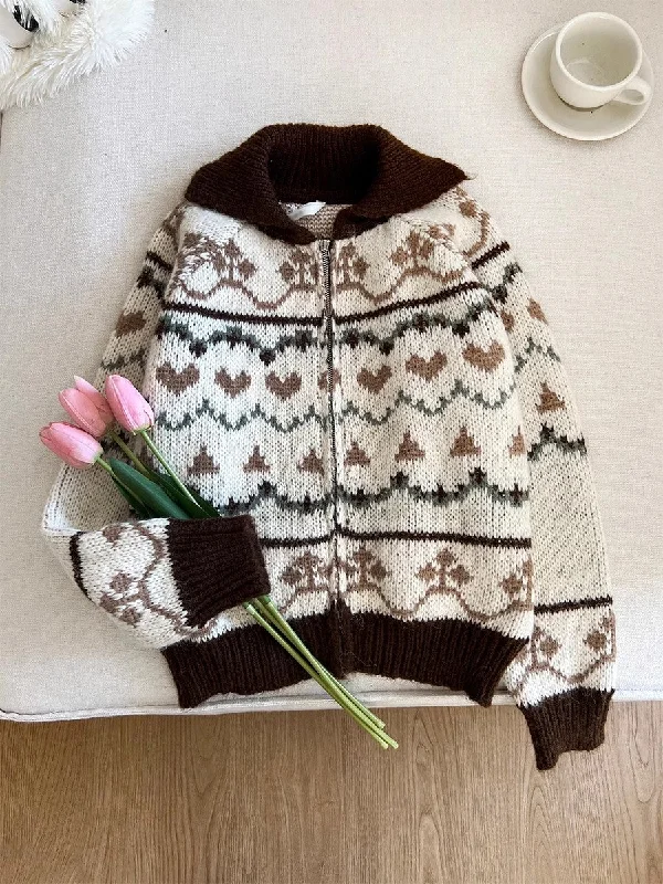 Chunky Knit Women Sweater for Winter WarmthSoft jacquard zipper knitted top     S4763