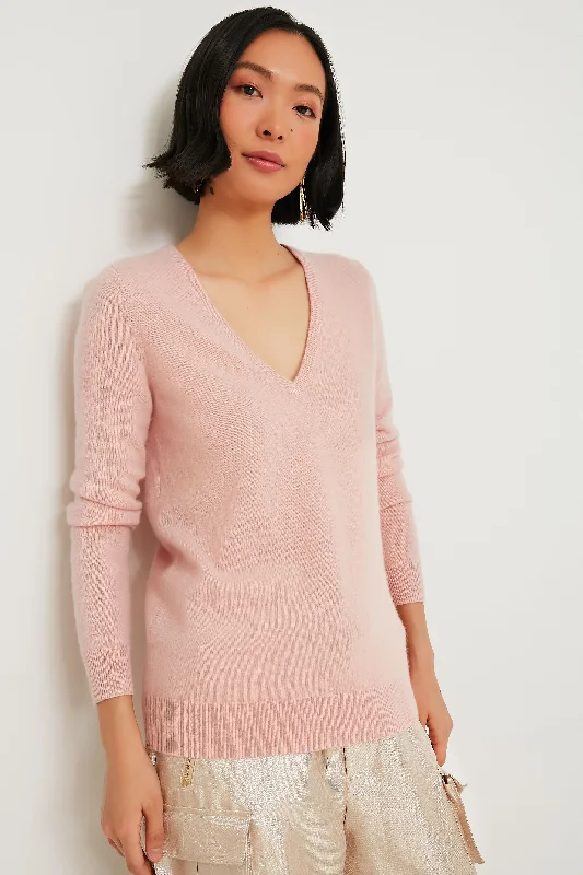 Cable - Knit Women Sweater with Intricate PatternsSoft Pink Cashmere V-Neck Sweater