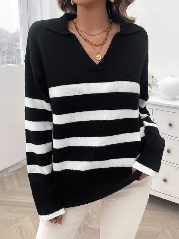 Open - Front Women Sweater for Easy LayeringStriped Collared Neck Long Sleeve Sweater