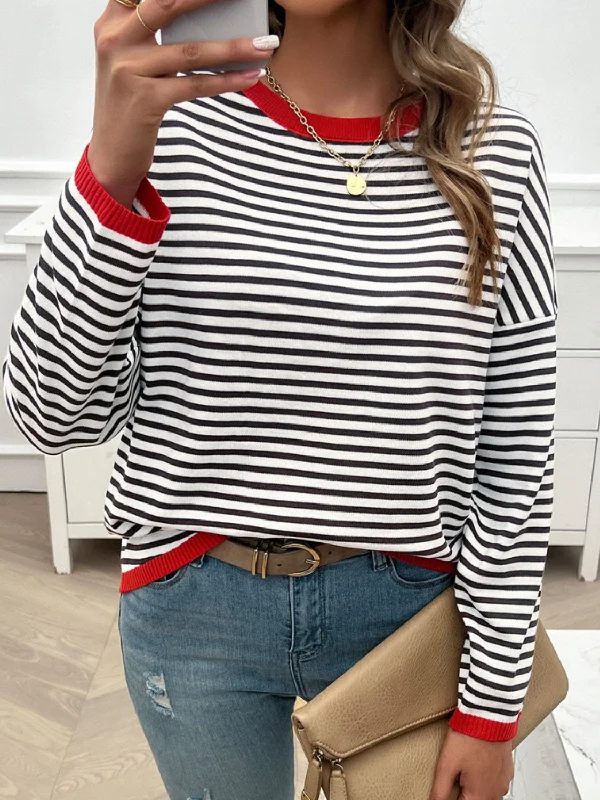 Turtleneck Women Sweater for a Classic and Elegant StyleStriped Round Neck Dropped Shoulder Sweater