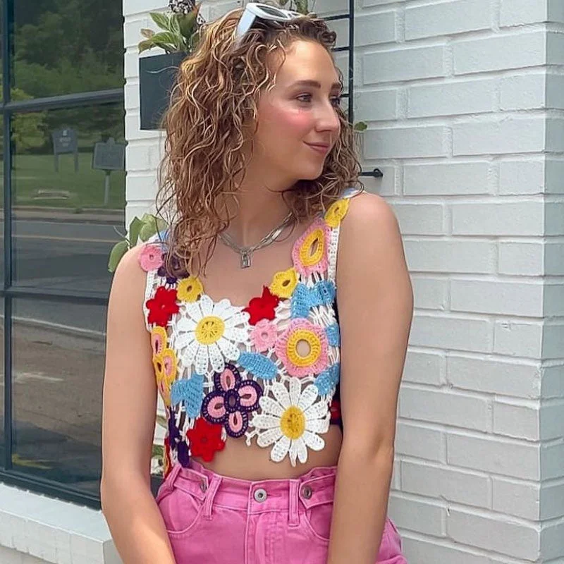 Sequin - Embellished Women Sweater for Special OccasionsSummer Scoop Neck Multicolor Flower Asymmetrical Crochet Crop Tank Top