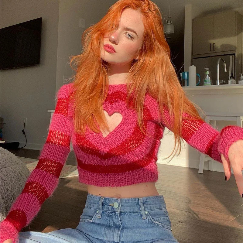 Mock - Neck Women Sweater for a Modern TwistSweet Red Heart Cutout Striped Print Crew Neck Long Sleeve Cropped Sweater