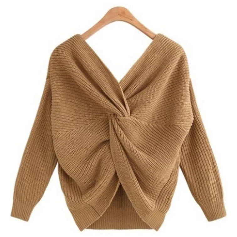 Lightweight Women Sweater for Spring and FallV-Neck Halter Sweater Irregularly Cross-Knotted Knit On Both Sides